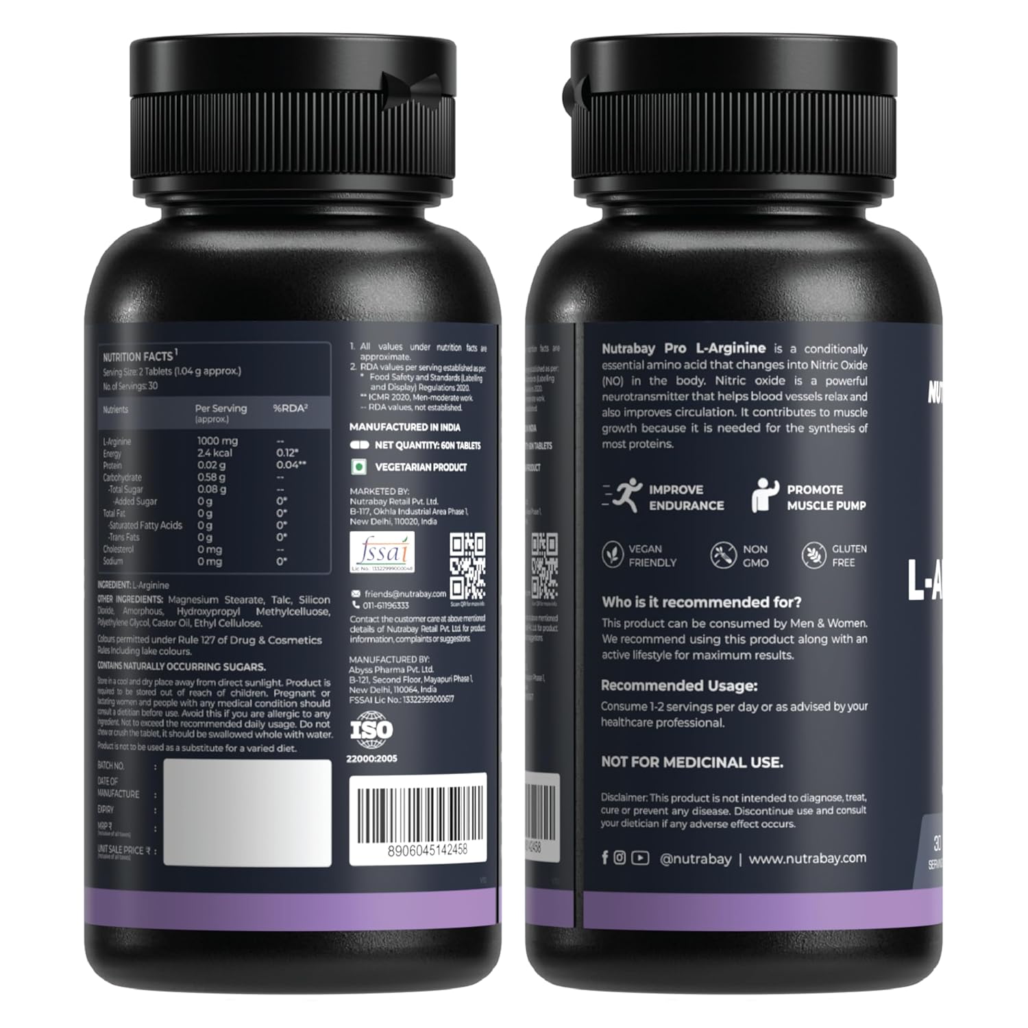 Two black supplement bottles with labels on a white background