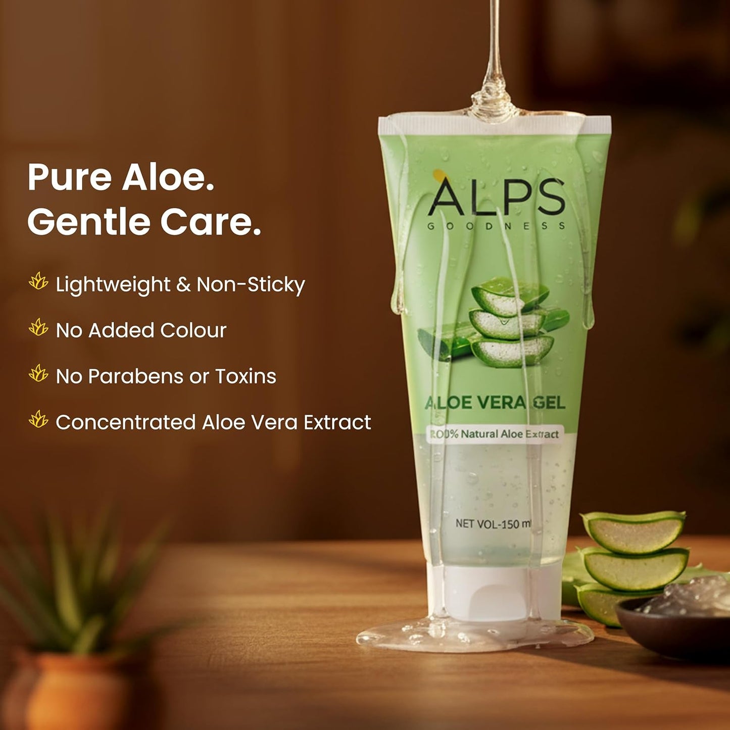 Alps Goodness Aloe Vera Gel, 150ml | 100% Natural Aloe Extract | Hydrating Cooling & Soothing Gel for Face, Hair & Body | Helps Calm Sunburn, Razor Burns & Dryness | Lightweight | Paraben-Free