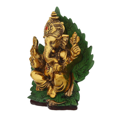 Golden Sitting Lord Ganesha on Green Throne Metal Decorative Showpiece, Green, Golden and Brown, one Size (AGG559)