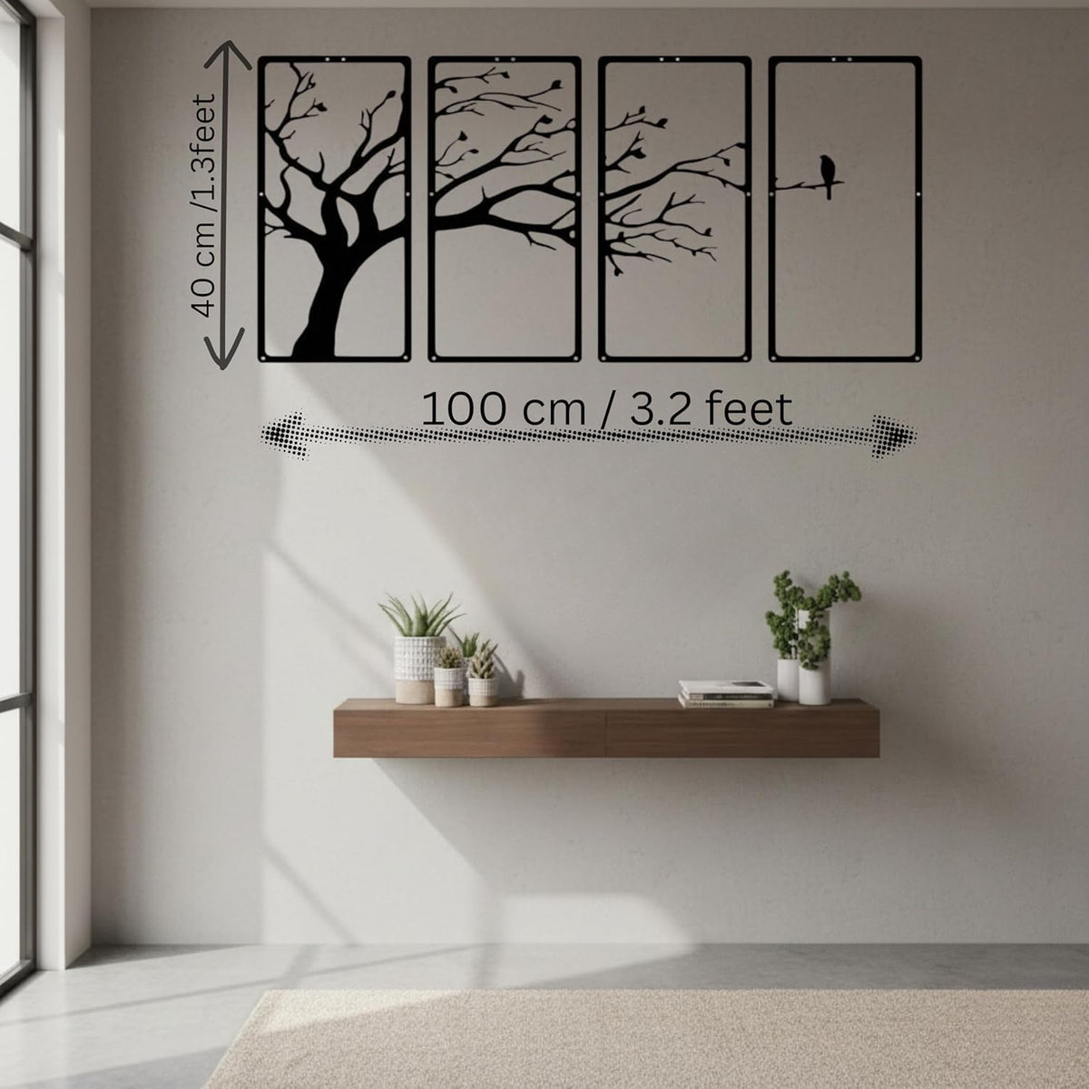 Modern 4-Piece Tree Wall Art Panel Set | Branch & Birds Design | MDF Wooden Wall Hanging | 3D Matte Finish | Items For Living Room/Bedroom/Drawing Room/Dining Room | 40x22 cm Each - Black