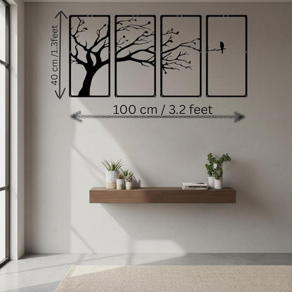Modern 4-Piece Tree Wall Art Panel Set | Branch & Birds Design | MDF Wooden Wall Hanging | 3D Matte Finish | Items For Living Room/Bedroom/Drawing Room/Dining Room | 40x22 cm Each - Black