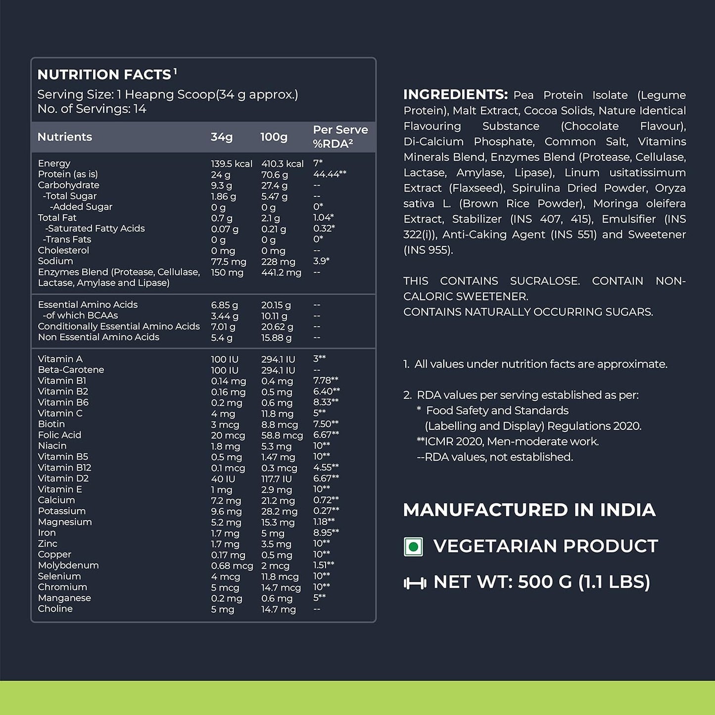 Nutrition facts and ingredients list for a product on a dark background