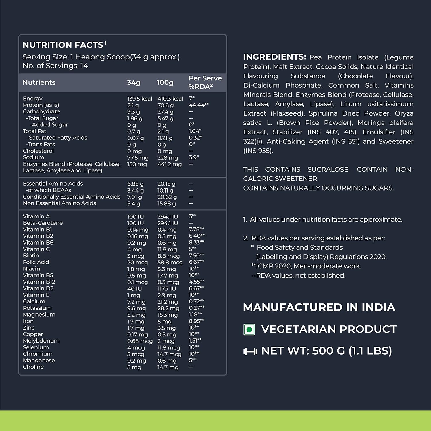 Nutrition facts and ingredients list for a product on a dark background