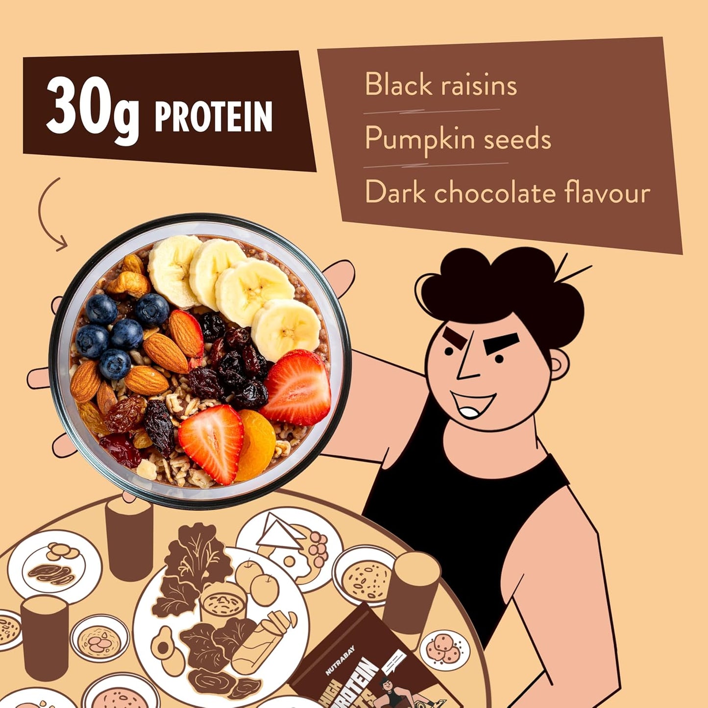 Nutrabay High Protein Oats - 750g, Dark Chocolate Raisin | 30g Highest Protein Oats Ever with Whey Protein Concentrate & Pea Protein Isolate | Zero Added Sugar