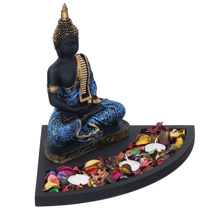 Blue Resin Meditating Lord Buddha Statue Tea Light Candle Holder| Buddha Idol Tea Light Holder Diwali Decoration Items for Home Decor Buddha Showpiece Gift for Diwali Housewarming Birthday