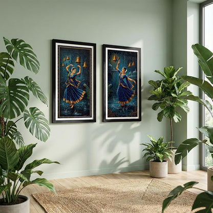Classical Indian Dance Wall Art Set of 2 Frames Prints | Traditional Bharatanatyam Kathak Dance Framed Painting, Peacock & Temple Theme Artwork Frame| Premium Cultural Wall Decor for Living Room Bedroom Office Home (Art-6, 10x19inch, Wooden)