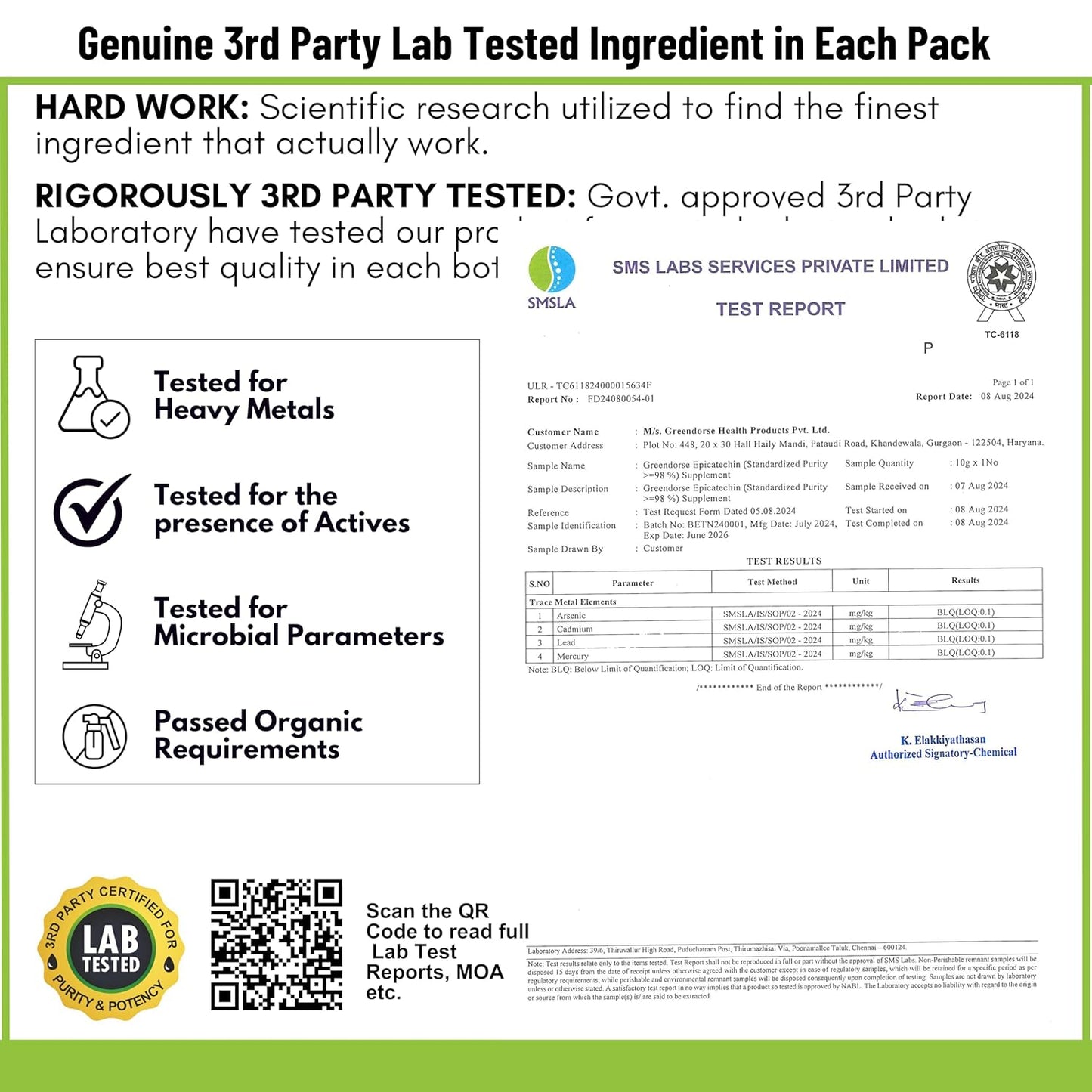 GREENDORSE EPICATECHIN- 99% Purity Workout Capsules | Lean Muscle Growth, Myostatin Inhibitor, Nitric Oxide Booster, Improved blood flow & cognitive functions | Lab tested- 60 Veg capsules