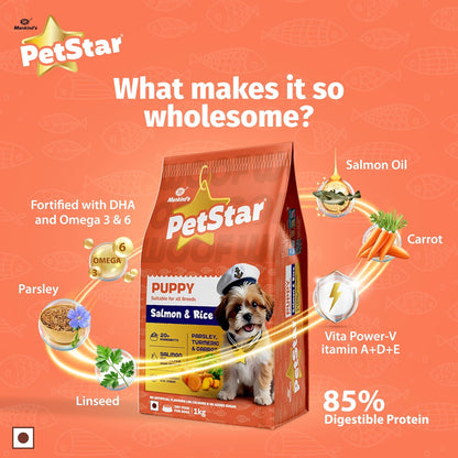Mankind Petstar Puppy Dry Dog Food (High Protein) Salmon & Rice Flavor, 1kg Pack | Improves Muscle & Strength, Supports Immunity, Protects Liver & Kidney