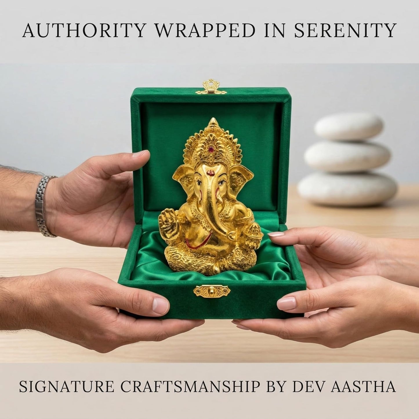 Dev Aastha 24K Gold Plated Ganesha Idol - 4 Inch Divine Seated Ganpati Statue on Premium Wooden Base - Auspicious Vastu Home Decor and Spiritual Gift with Anti-Tarnish Finish