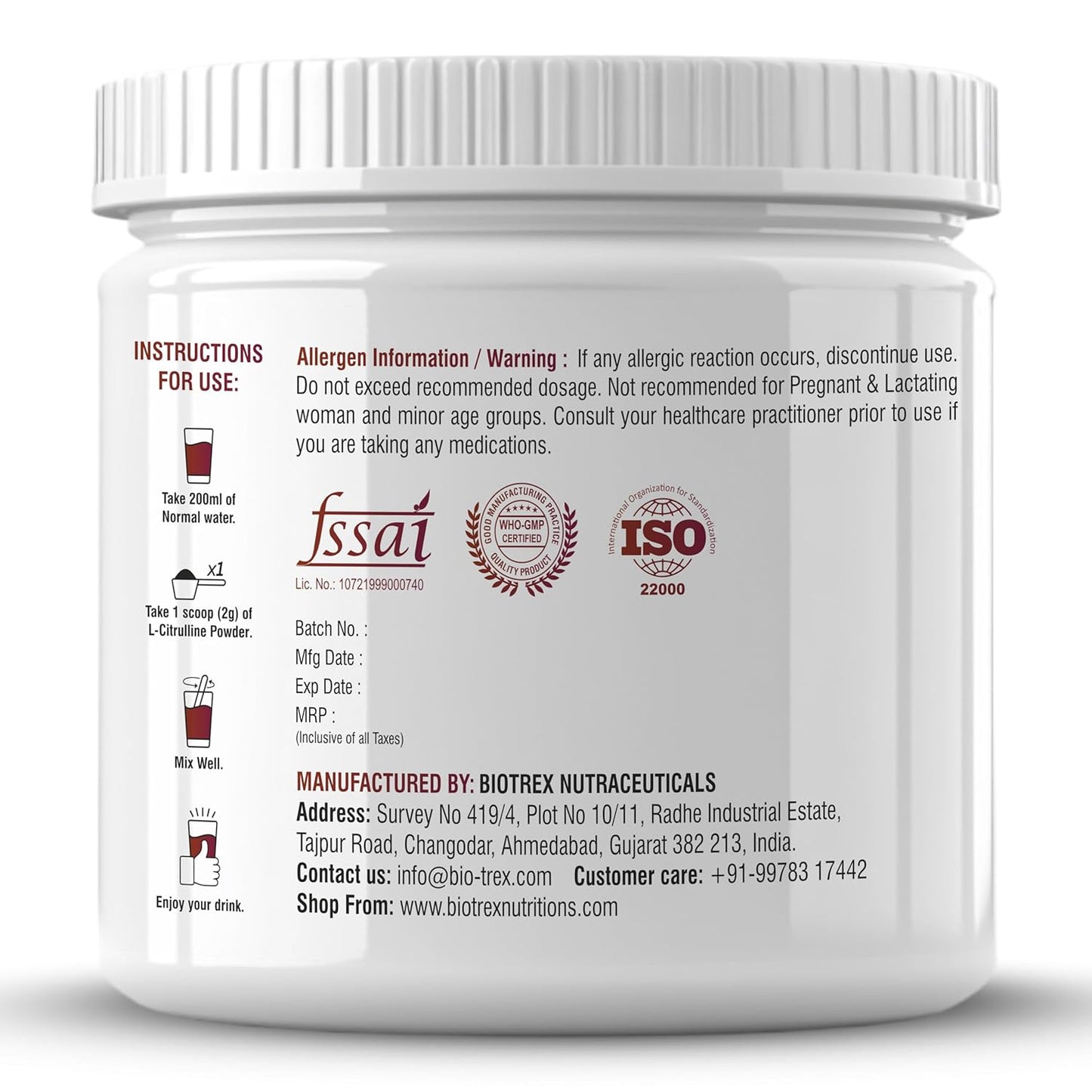 Biotrex Nutraceuticals L Citrulline Powder 2000mg | Supports Endurance & Muscle Pump | Production of Creatine | Enhances Athletic Performance | Unflavoured - 200Gram (100 Servings)