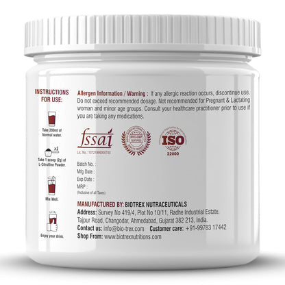 Biotrex Nutraceuticals L Citrulline Powder 2000mg | Supports Endurance & Muscle Pump | Production of Creatine | Enhances Athletic Performance | Unflavoured - 200Gram (100 Servings)