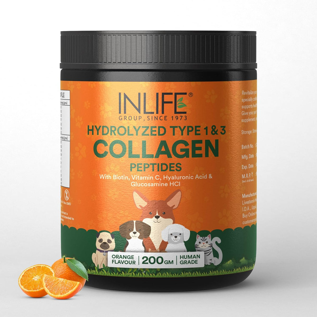 INLIFE Collagen Peptides Supplement Dogs Cats, Glucosamine 200g Orange | Joint Lubrication, Synovial Fluid, Immune Health, Antioxidant Activity, Human Grade, Palatable