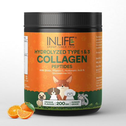 INLIFE Collagen Peptides Supplement Dogs Cats, Glucosamine 200g Orange | Joint Lubrication, Synovial Fluid, Immune Health, Antioxidant Activity, Human Grade, Palatable