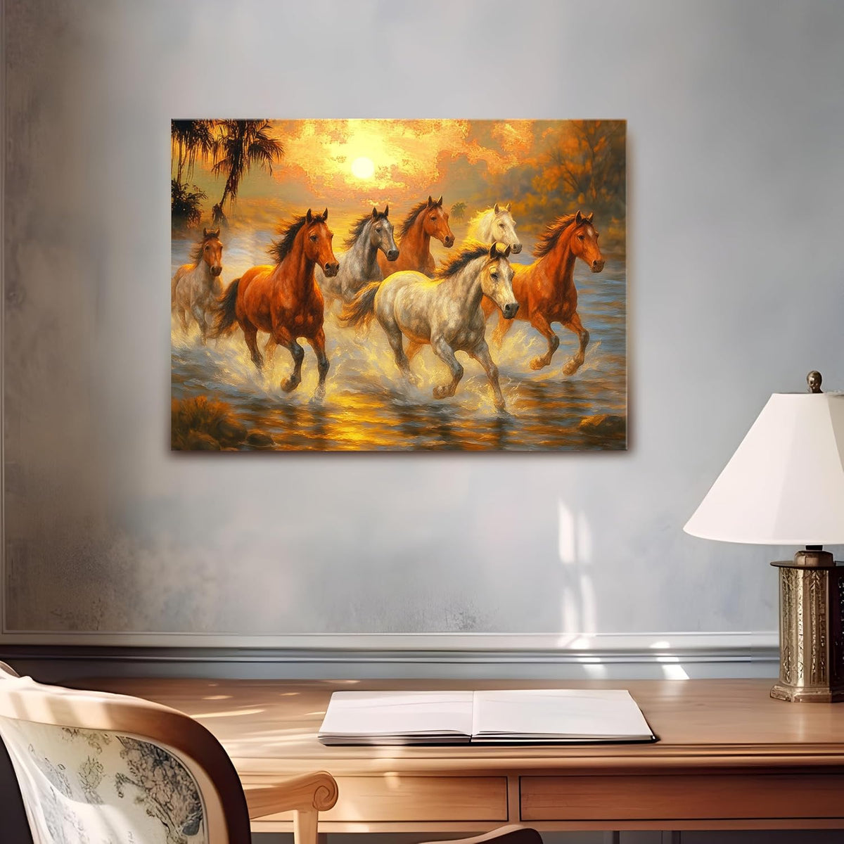 Seven Running Horses Wall Art Painting For Living Room, 7 Horsre Vastu Painting For Bedroom, Home and Office, Stretched canvas 16x22 Inch