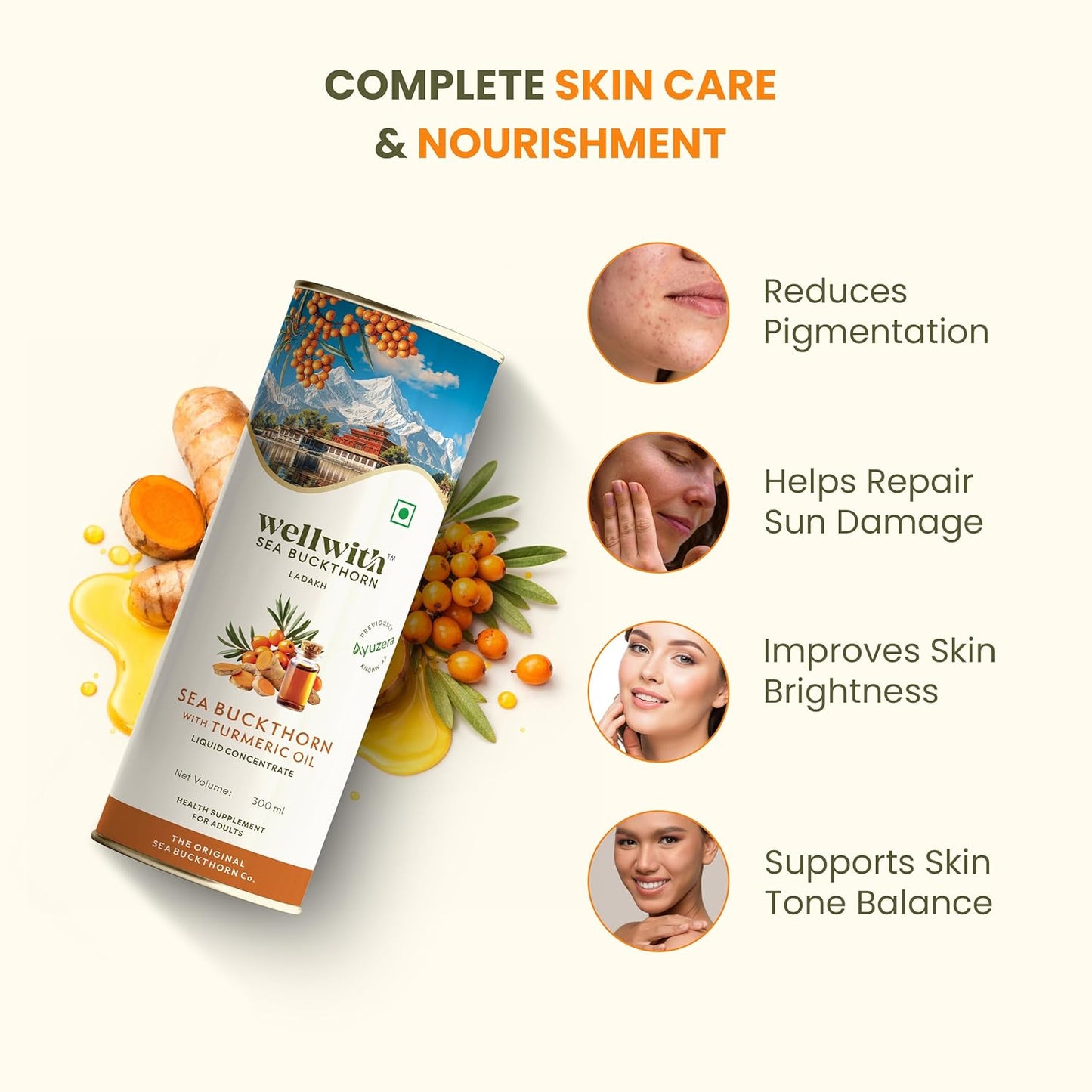 Ayuzera Sea buckthorn with Turmeric Curcumin Oil 300ml | Liquid Supplements | Makes Upto 50 Glass Juice