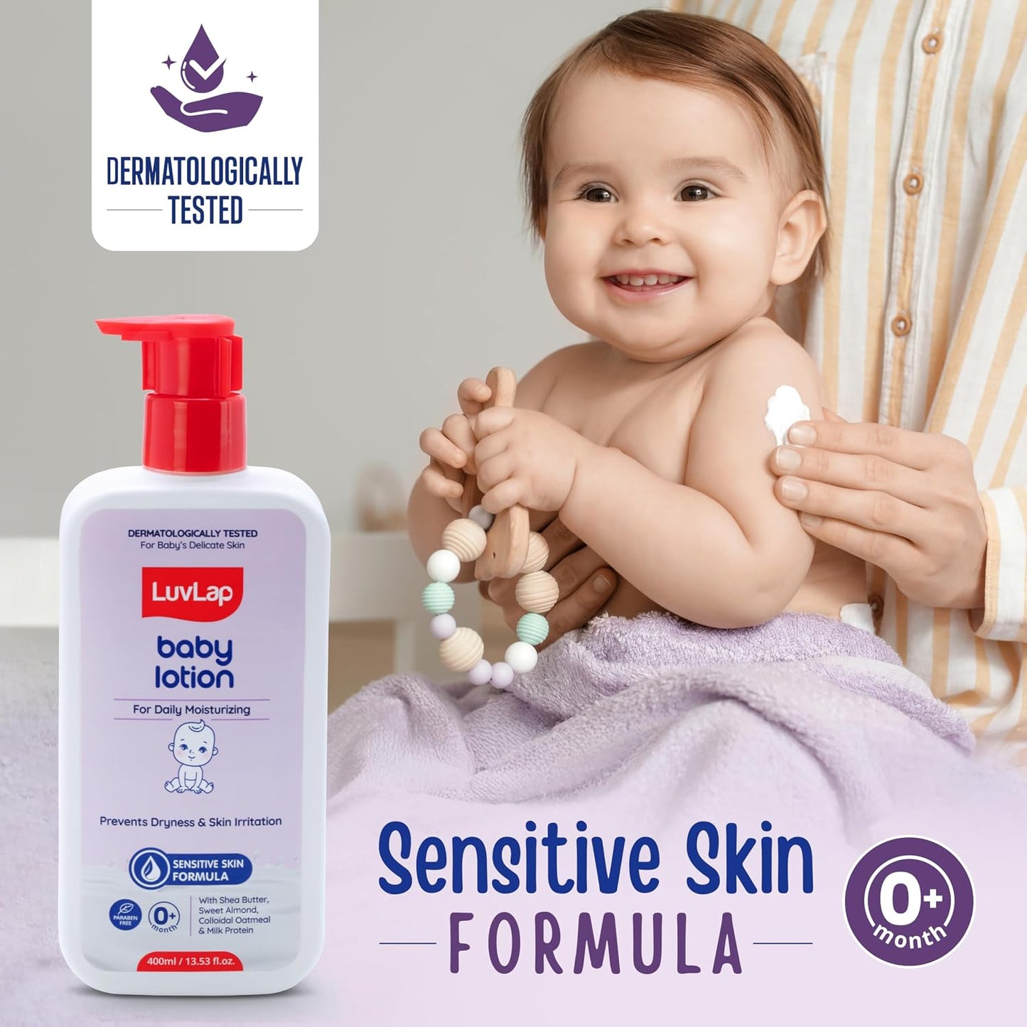 LuvLap Baby Lotion with Milk Protein - 400ml, Gentle Daily Lotion for Face & Body, 24 Hour Protection for Sensitive Skin, Ph 5.5, Shea Butter and VIT E, Paraben Free, Dermatologically Tested
