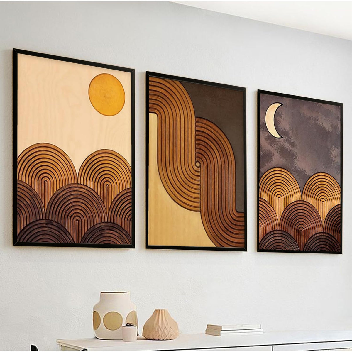 Mid-Century Modern Wall Art Set of 3 - Abstract Geometric Prints for Living Room Decor - Boho Sun and Moon Landscape Art With Frame