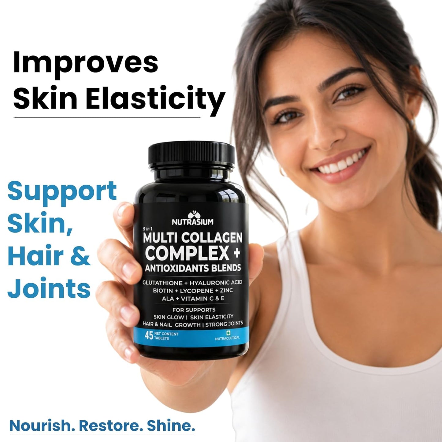 Nutrasium Multi Collagen With Glutathione & Hyaluronic Acid For Skin Radiance, Skin Firmness & Glow Added Zinc & Vitamin C & E | 45 Tablets
