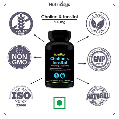 Nutriosys Choline & Inositol 500mg | Brain & Nerve Function | Better Motor Signal | Liver & Heart Health | Lab Tested | 90 Veg Capsules