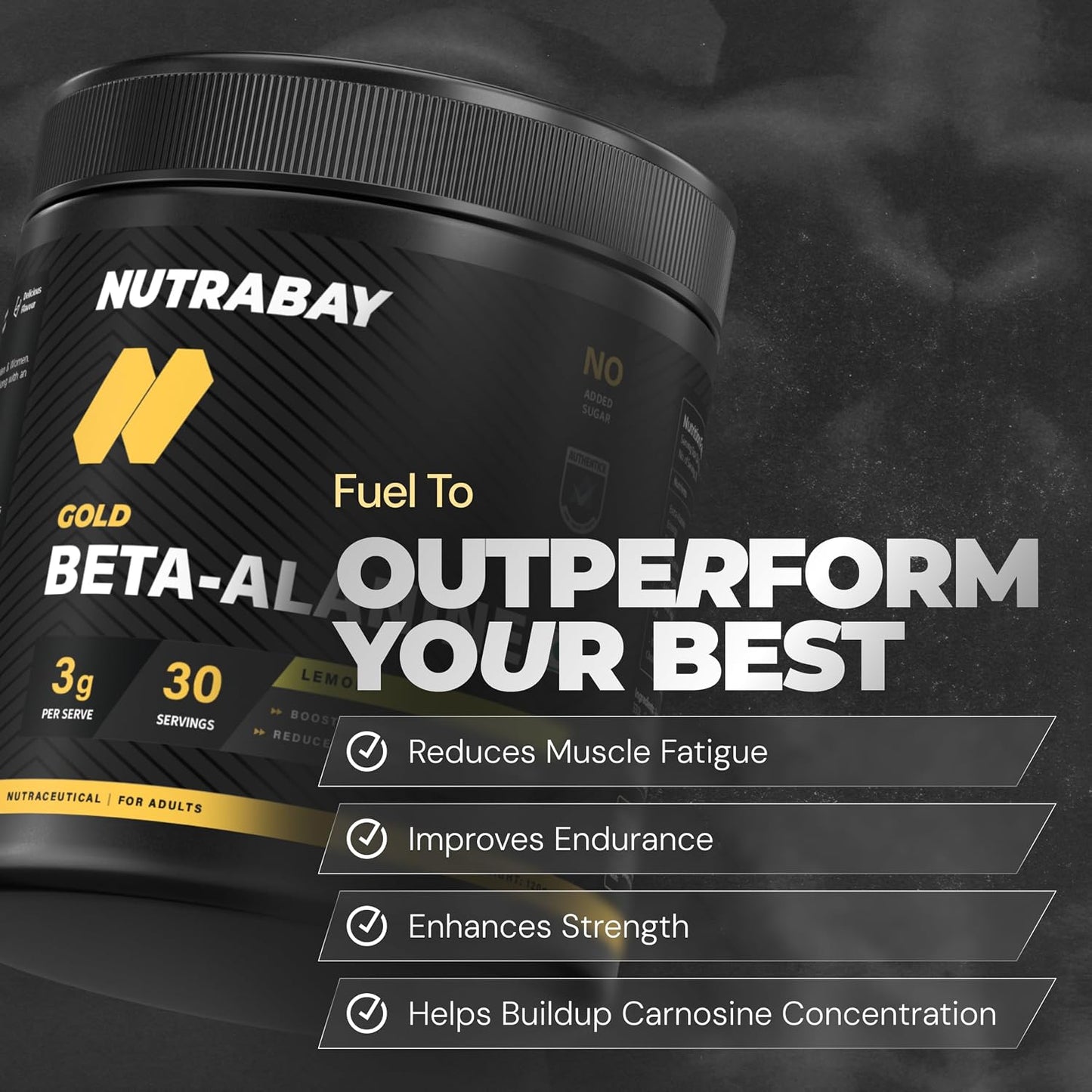 Nutrabay Gold Beta Alanine Supplement Powder 120g, Lemon Flavor – Pre Workout Amino Acid for Endurance & Fatigue Reduction
