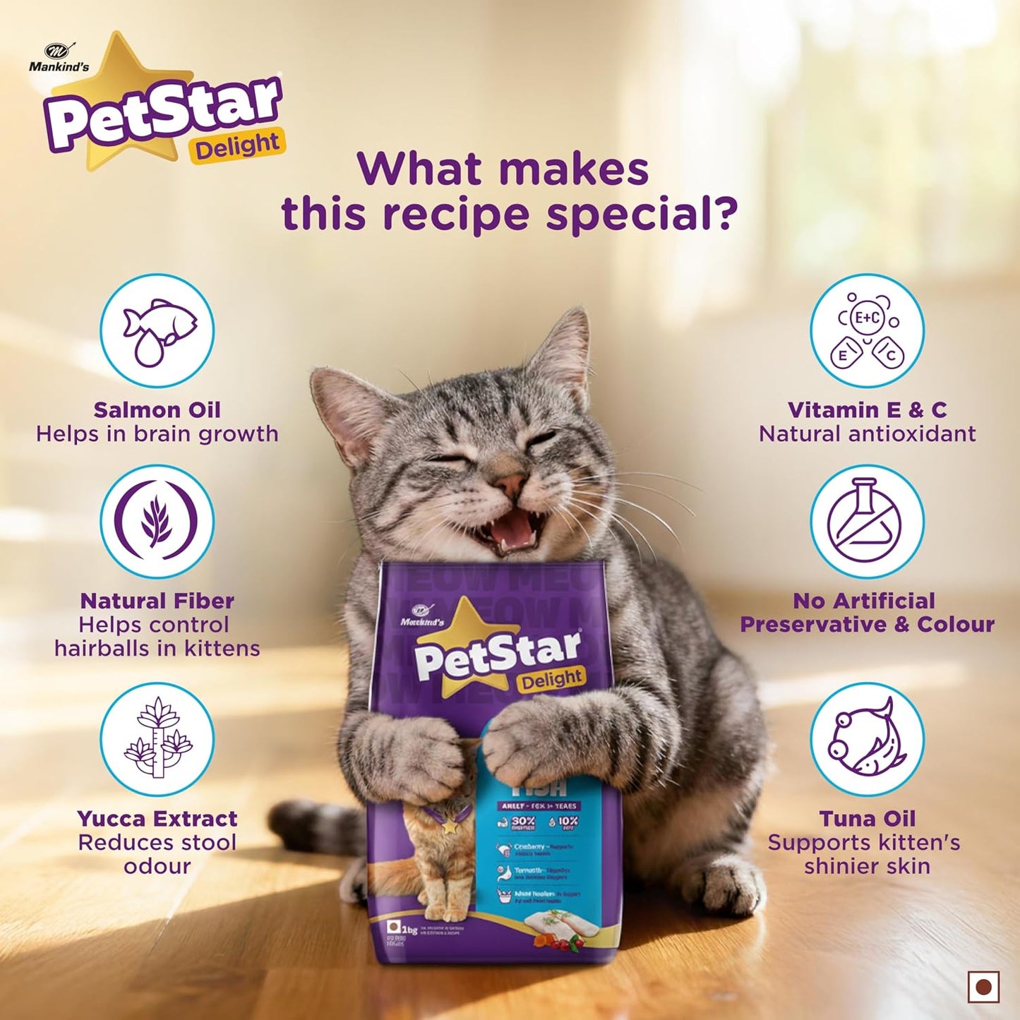 Mankind PetStar Adult Cat Food – Ocean Fish Flavour (1 KG) | Complete Nutrition with Taurine & Omega for Urinary, Digestive & Heart Health