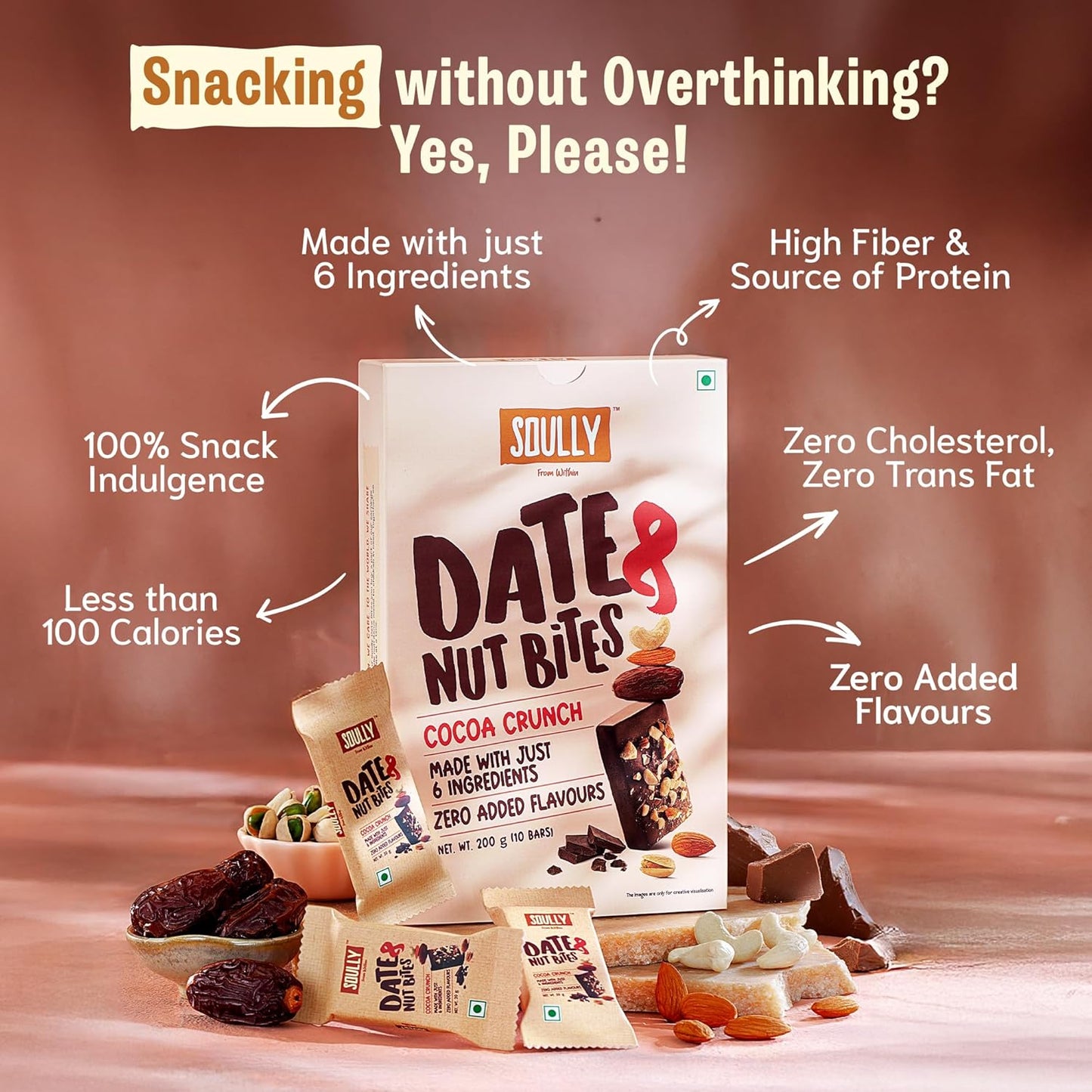 SOULLY Cocoa Crunch Date & Nut Mini Energy Bars 200g (10 Bars x 20g) | Dark Chocolate, Whole Dates, Premium Nuts & Pure Cow Ghee | Just 98 Calories Per Bar | No Refined Sugar Added | No Preservatives | Guilt-Free Dessert Replacement