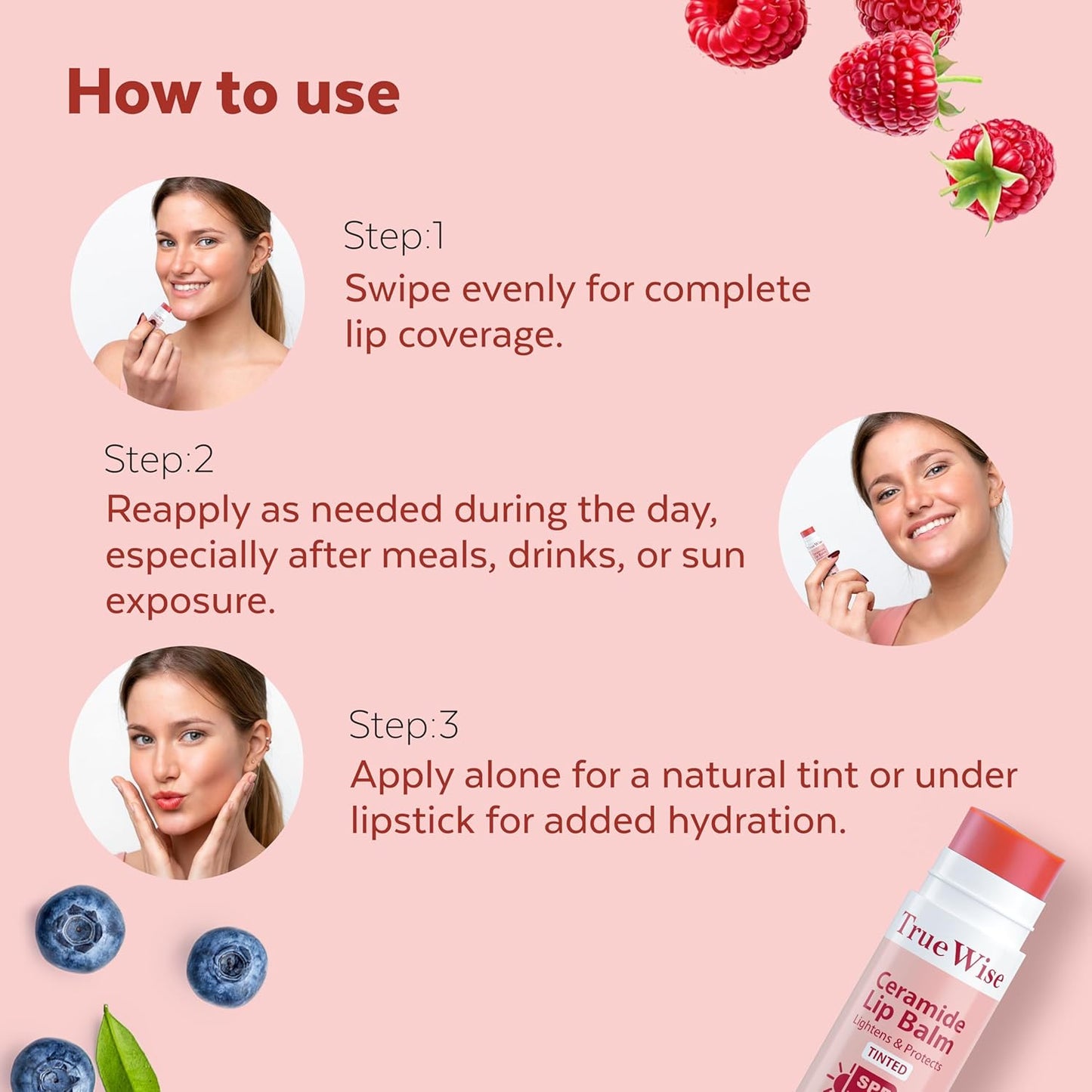Instructions on how to use a lip balm with images of a woman applying it and text on a pink background.