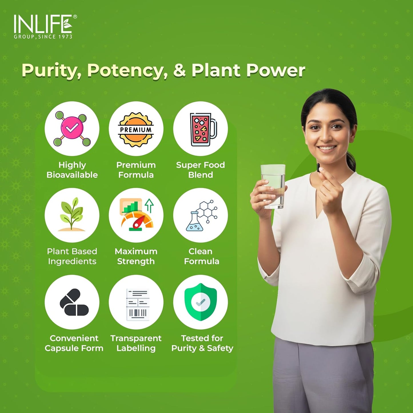 INLIFE Plant Based Vitamin B12 Supplements for Men & Women | Supports Nerve Health & Brain Health | Superfood Formula | B12 from Spirulina Extract - 120 Vegetarian Capsules (Pack of 1, 120)