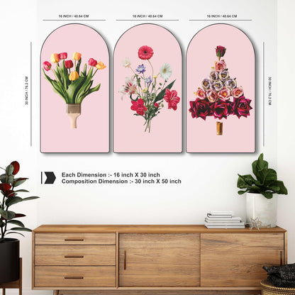 Floral Creative Abstract Wall Art 3 Panel Set | Modern Flower Painting on MDF | Artistic Pink Background Wall Décor for Living Room Bedroom Office Café (30 x 50 Inch) RPNL-79