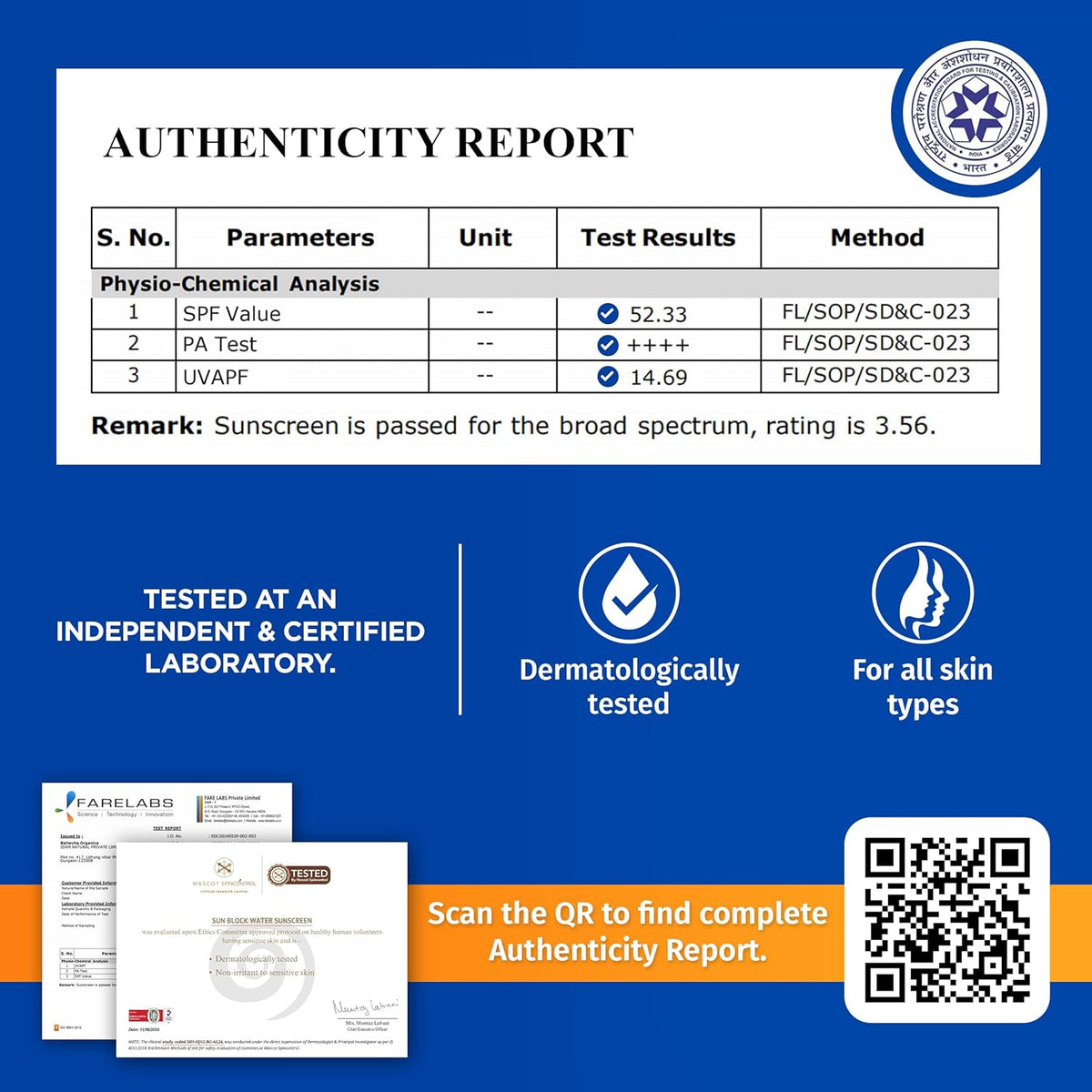 Authenticity report for a sunscreen product with test results and certification details on a blue background.
