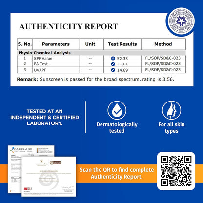 Authenticity report for a sunscreen product with test results and certification details on a blue background.