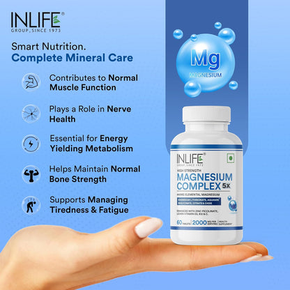 INLIFE Magnesium Supplement 2000mg | 5x Chelated Magnesium Complex Glycinate, L Threonate, Citrate, Oxide with Aquamin, Zinc, Vitamin C, D3 & B12 | For Sleep, Focus, Muscles, Immunity - 60 Tablets