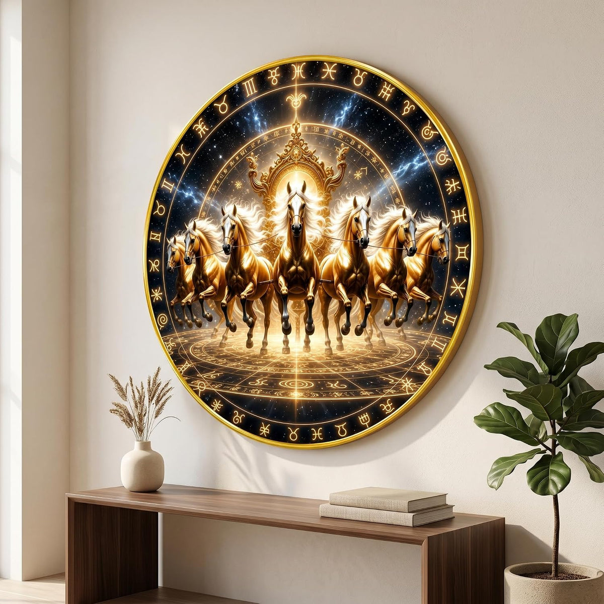 Om Golden Horse Vastu Round Wall Painting with Premium PVC Golden Frame, Zodiac Chakra Spiritual Art for Living Room Office Home Decor Gift (20 x 20 Inch) GRL-444