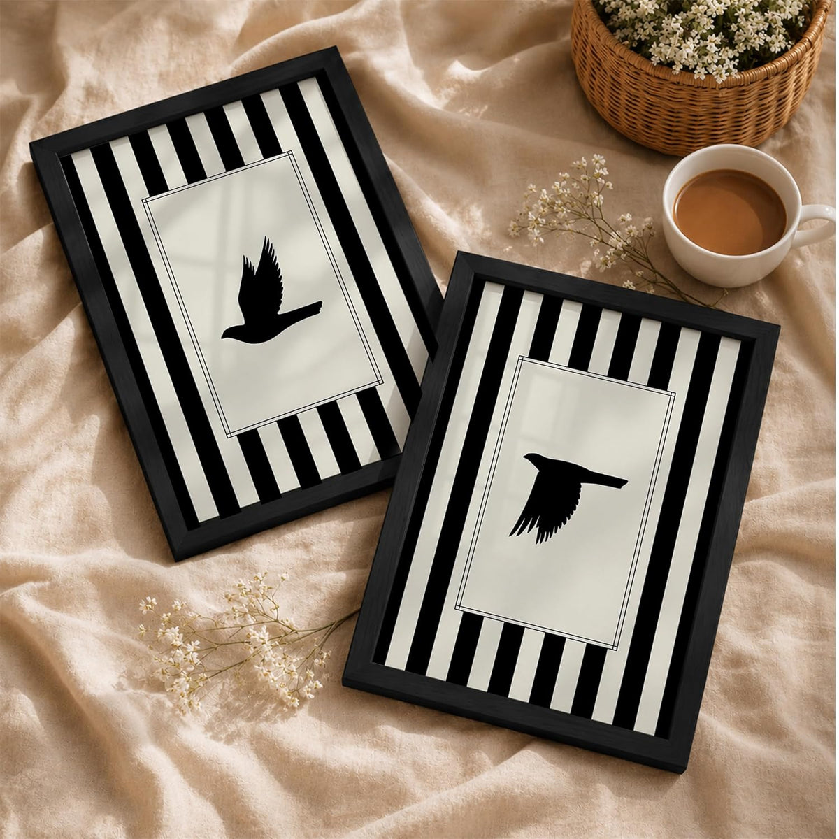 Flying Birds Wall Art Set of 2 Framed Paintings | Black White Striped Minimal Bird Silhouette Poster | Living Room Bedroom Home Décor (Art 13, 10x13 Inches, Black)