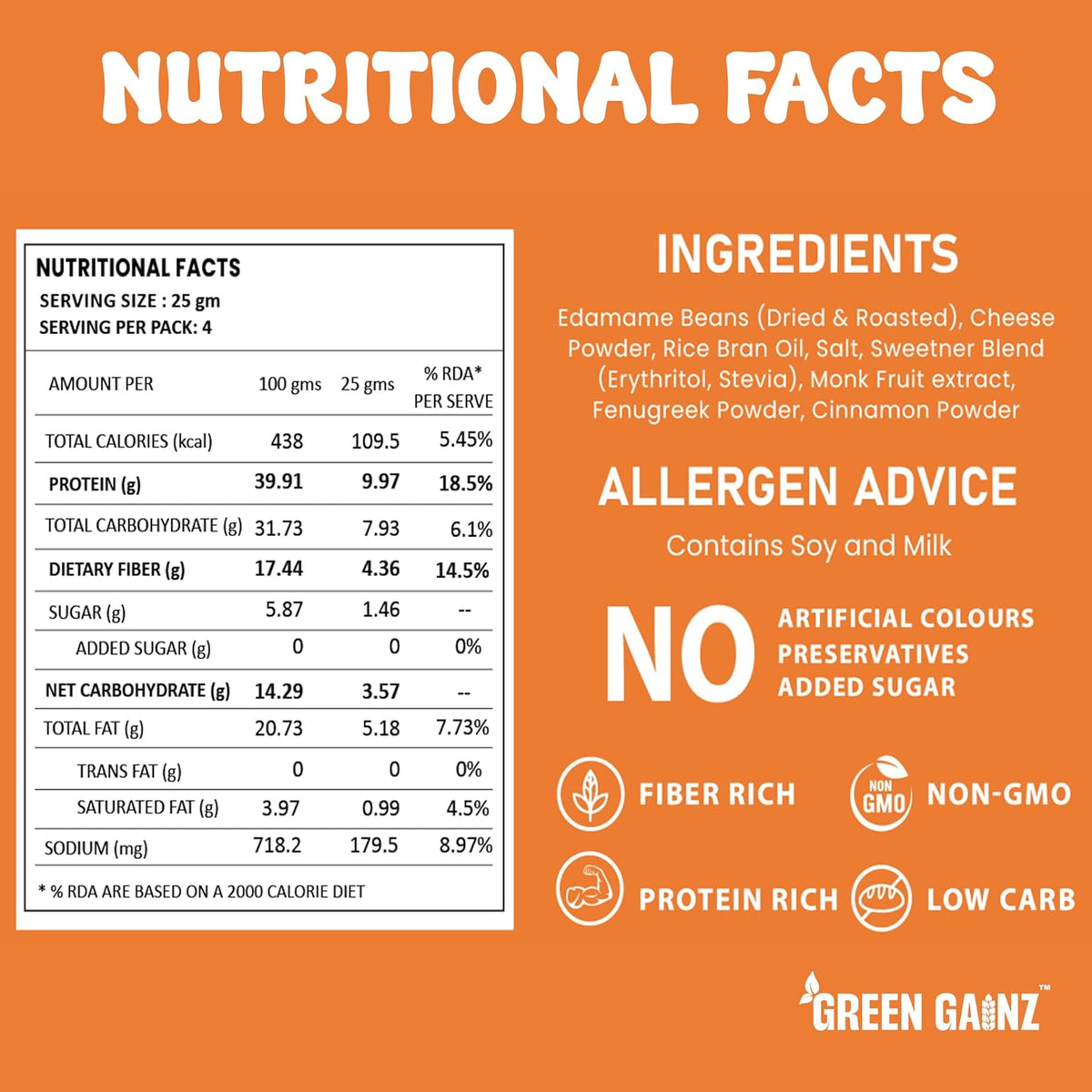 Green Gainz Roasted Edamame Cheese Flavour 100gm | 100% Veg High Protein Snack | No Added Sugar | Non-GMO | Rich in Fiber | No Gluten