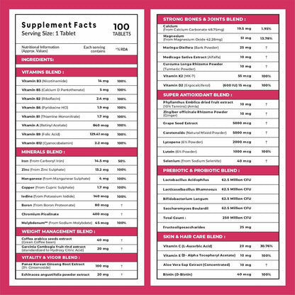 Carbamide Forte Multivitamin Tablets For Women | Multi Vitamin Supplement For Women With Probiotics | Multivitamin Tablet For Women With 43 Ingredients To Support Energy & Health - 100 Tablets