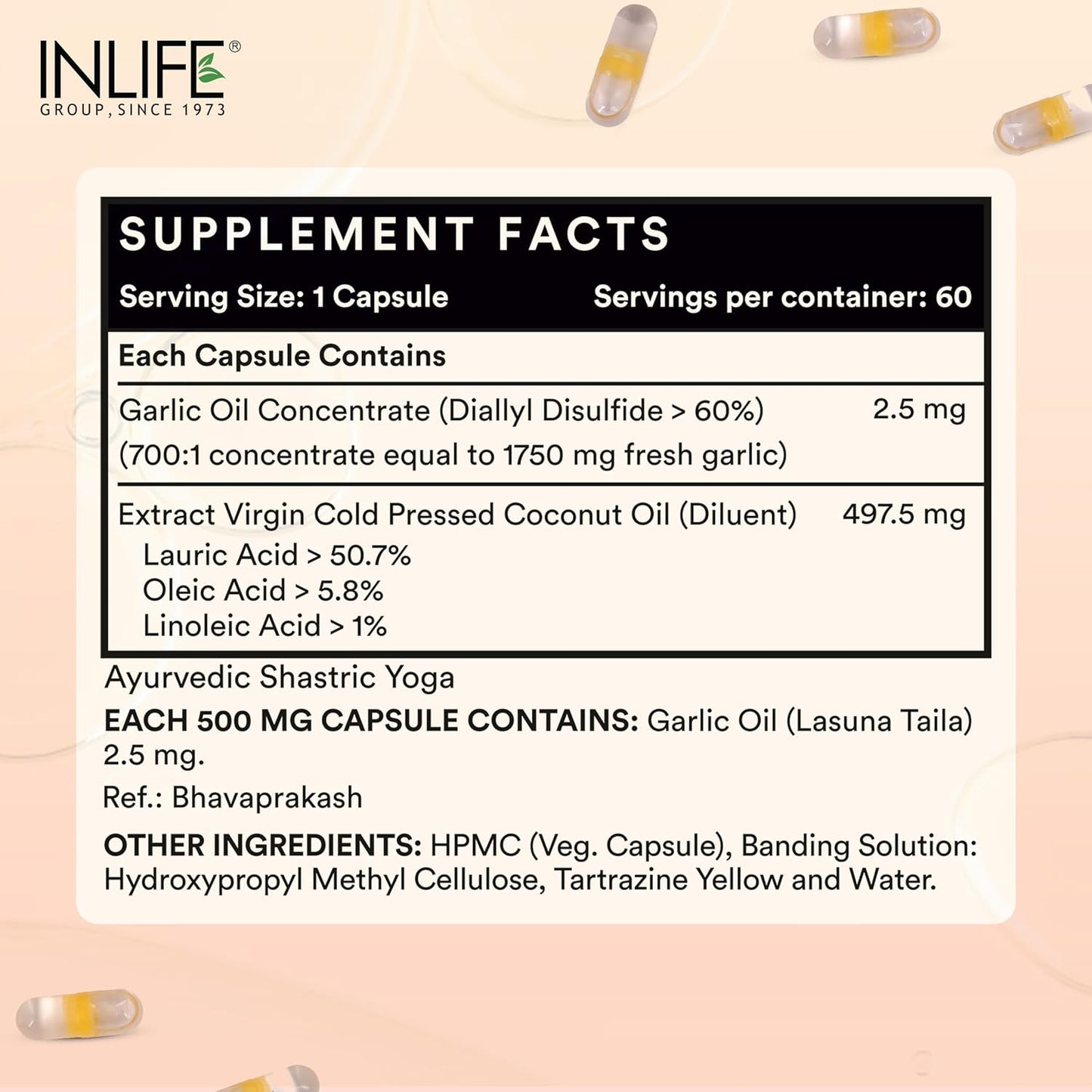 INLIFE Natural Garlic Oil with Coconut Oil Filled Capsules | Extra Virgin Cold Pressed Oil | Helps Support Heart Health, Immunity & Digestion | 60 Vegetarian Capsules