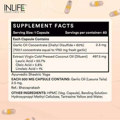 INLIFE Natural Garlic Oil with Coconut Oil Filled Capsules | Extra Virgin Cold Pressed Oil | Helps Support Heart Health, Immunity & Digestion | 60 Vegetarian Capsules