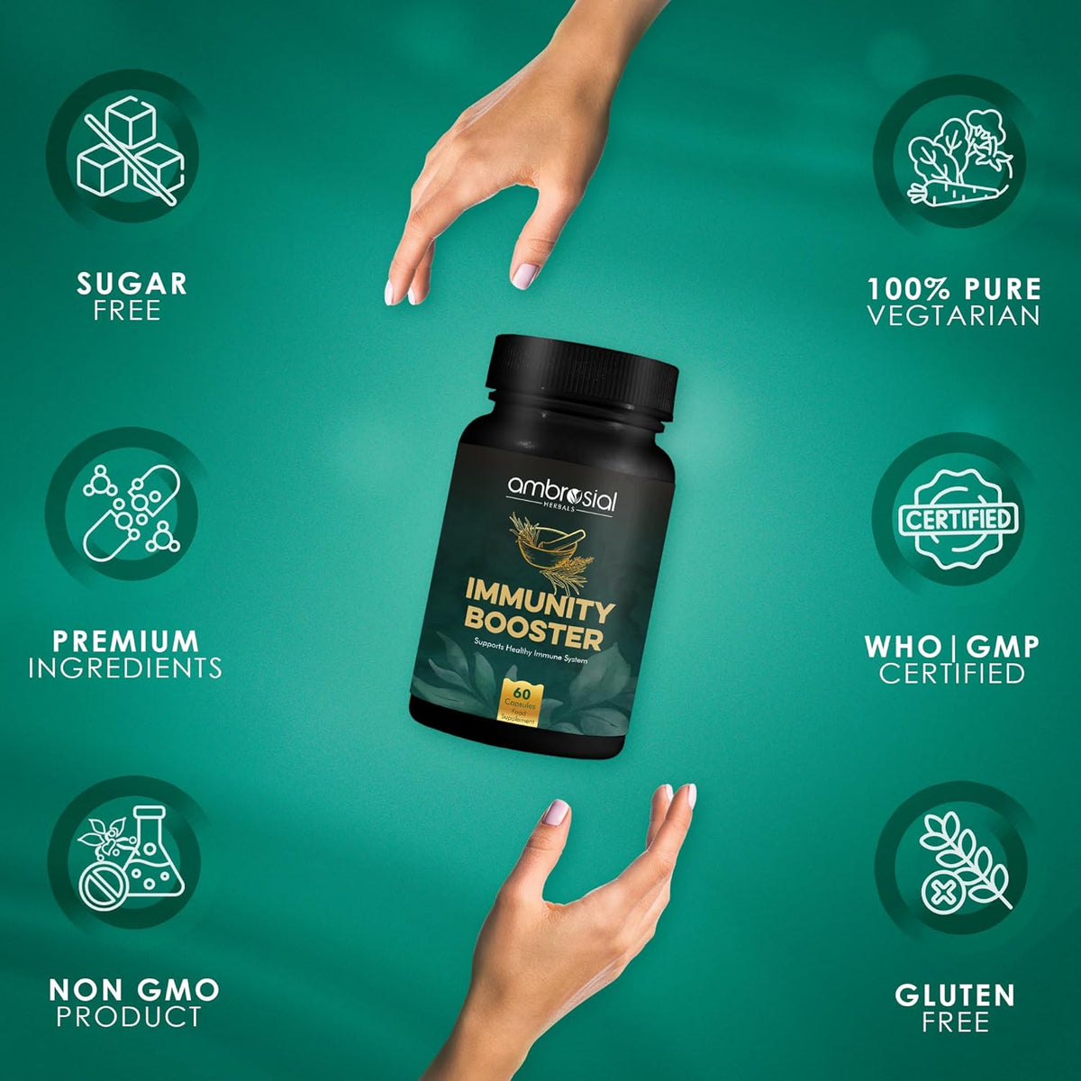 Immunity booster supplement bottle with hand holding it on a green background with certification icons.