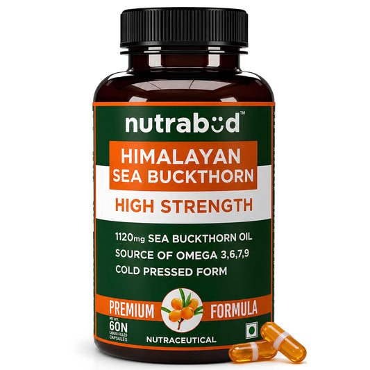 Nutrabud Himalayan Sea Buckthorn Berry Oil -1120mg per serving - Cold-Pressed Vegetarian Omega 3,6,7,9 Oil for Skin Glow, Immunity & Gut Health Supplement (60 Count (Pack of 1), Unflavoured)