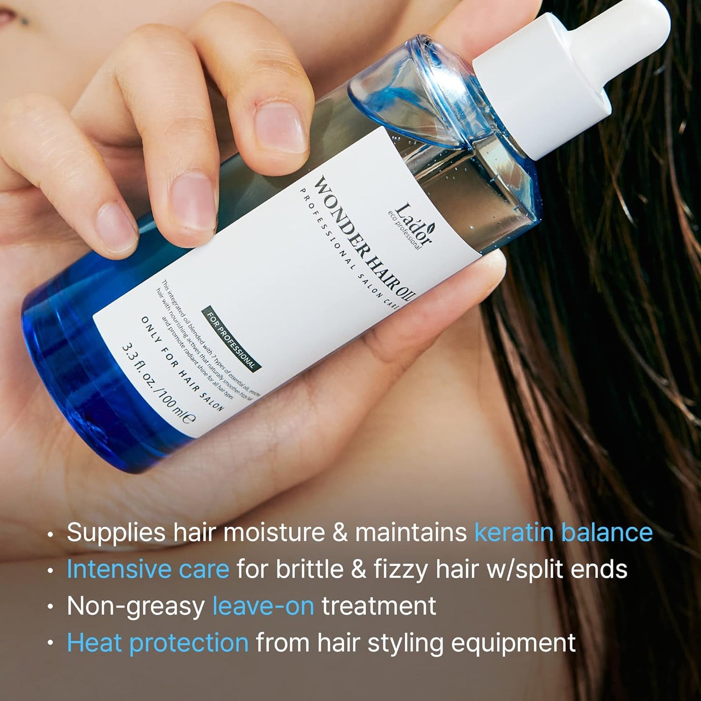 LADOR Wonder Hair Oil (100ml) Korean Lightweight Hair Oil with 7 Essential Plant Oil & Vitamin E, Deep Moisture, Frizz Control, Heat Protection & Shine Booster, Smooths Dry, Damaged Hair, Non-Greasy, Soft, Glossy Finish