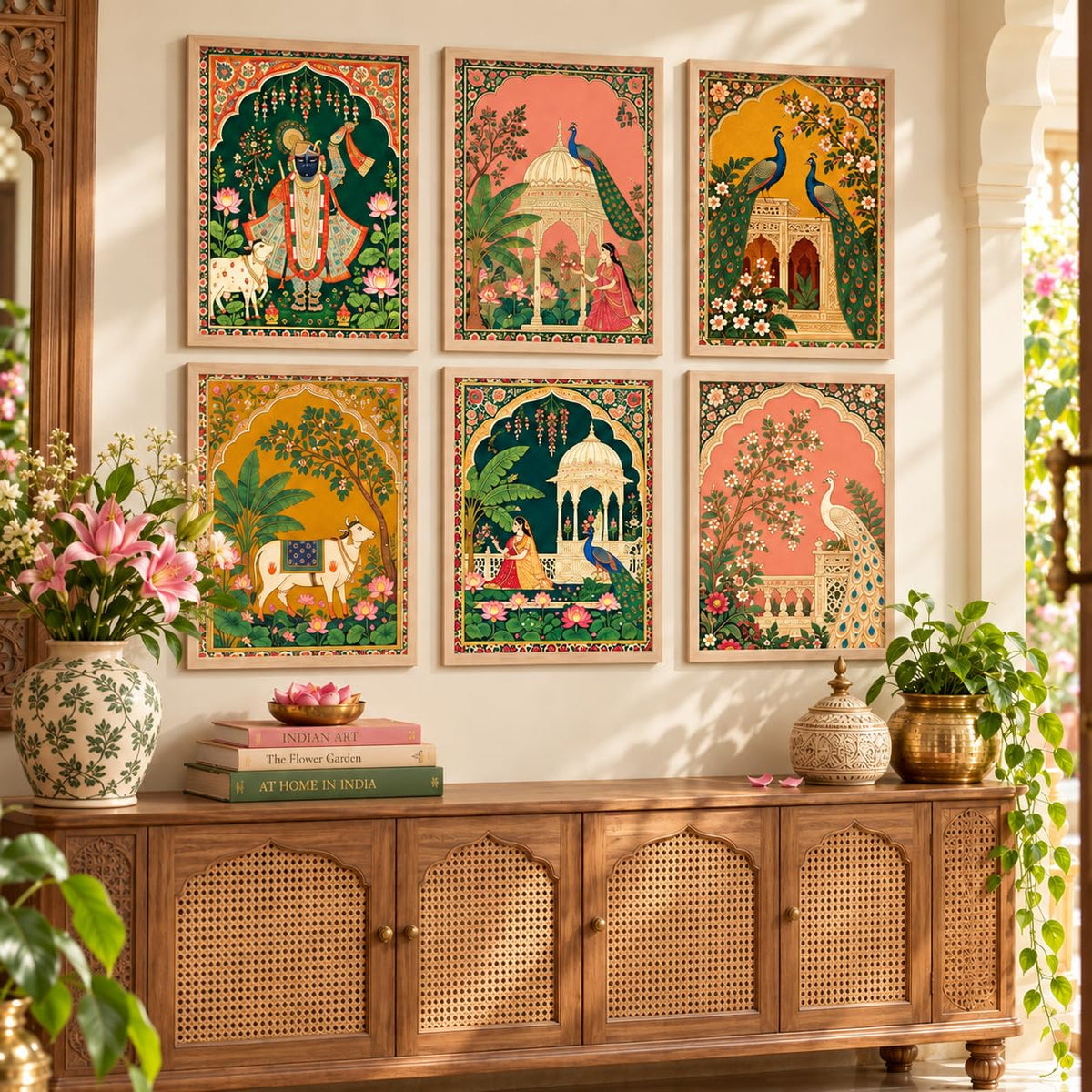 Madhubani Paintings Set of 6 Traditional Indian Peacock Wall Painting With Frame for Living Room Bedroom Hotel Wall Decor Digital Reprint (10X13 Inch)
