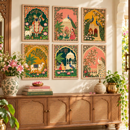 Madhubani Paintings Set of 6 Traditional Indian Peacock Wall Painting With Frame for Living Room Bedroom Hotel Wall Decor Digital Reprint (10X13 Inch)