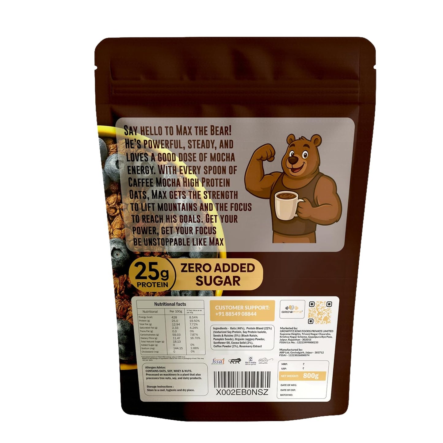 GrowFitz 25g High Protein Oats 800 Gram | Caffee Mocha Flavor Breakfast Oatmeal | 12g High Fiber, Almonds, Raisin, Pumpkin, Chia Seeds, Super Rolled Oats | Healthy Fats, No Added Sugar (Pack of 1)
