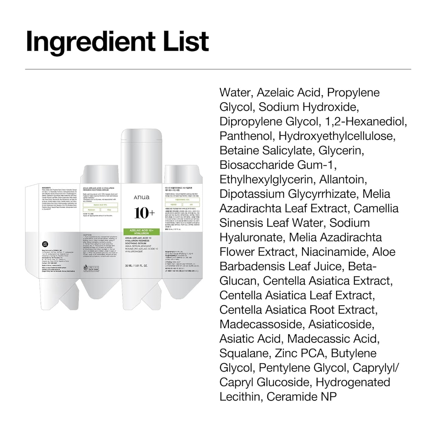 Anua Azelaic Acid 10 Hyaluron Redness Soothing Serum with Cica Soothes & Calms Acne-Prone Skin