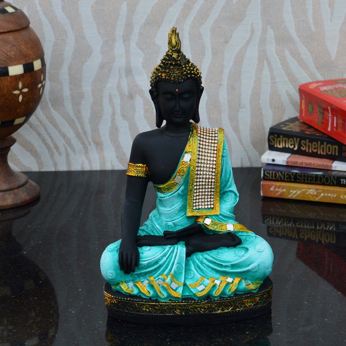 eCraftIndia Meditating Lord Buddha Polyresin Statue (17.5 cm x 12.5 cm x 27.5 cm, Light Green and White)