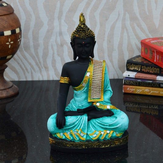 eCraftIndia Meditating Lord Buddha Polyresin Statue (17.5 cm x 12.5 cm x 27.5 cm, Light Green and White)