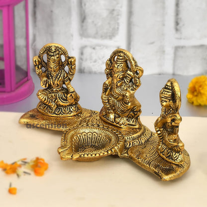 Laxmi Ganesh Saraswati Idol Showpiece Metal Statue with Diya Decoration Pooja Showpiece Sitting Idol Blessing Ganpati Sculpture for Home Diwali Puja Home Decor Festival Gifts