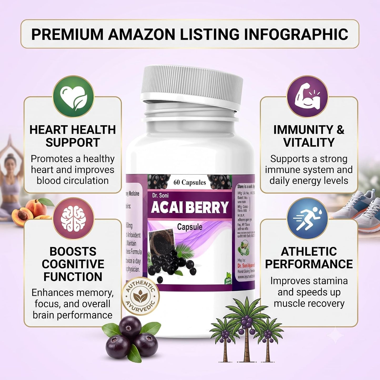 Acai Berry Extract Capsules, Herbal Dietary Supplement for Daily Wellness, Antioxidant Support Formula, Convenient Capsule Format