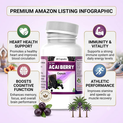 Acai Berry Extract Capsules, Herbal Dietary Supplement for Daily Wellness, Antioxidant Support Formula, Convenient Capsule Format